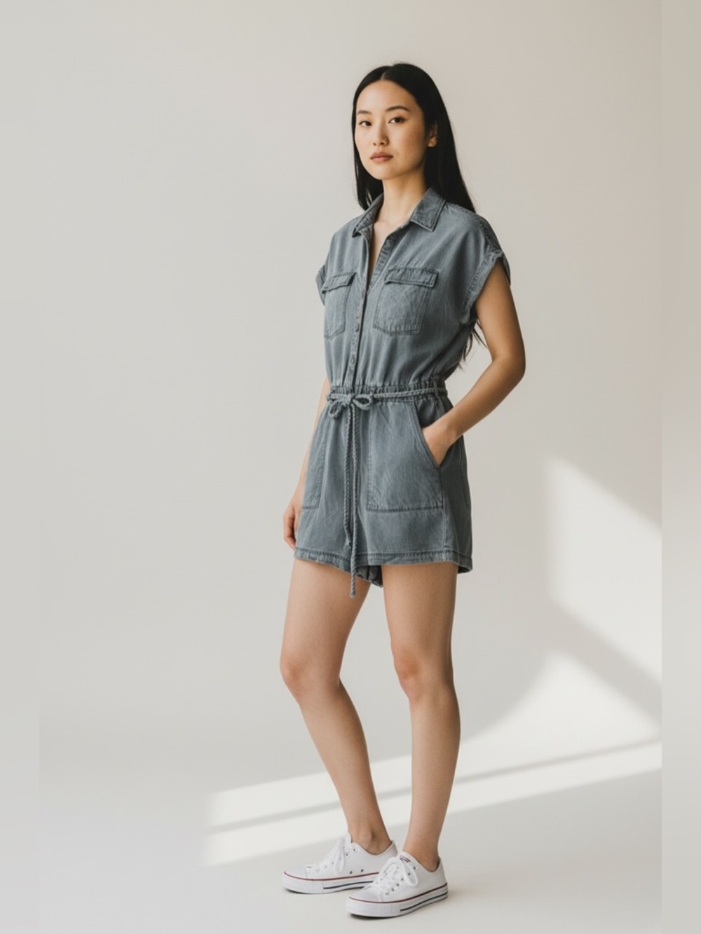 Nicole Miller New York Linen Lyocell Utility Romper – Medium